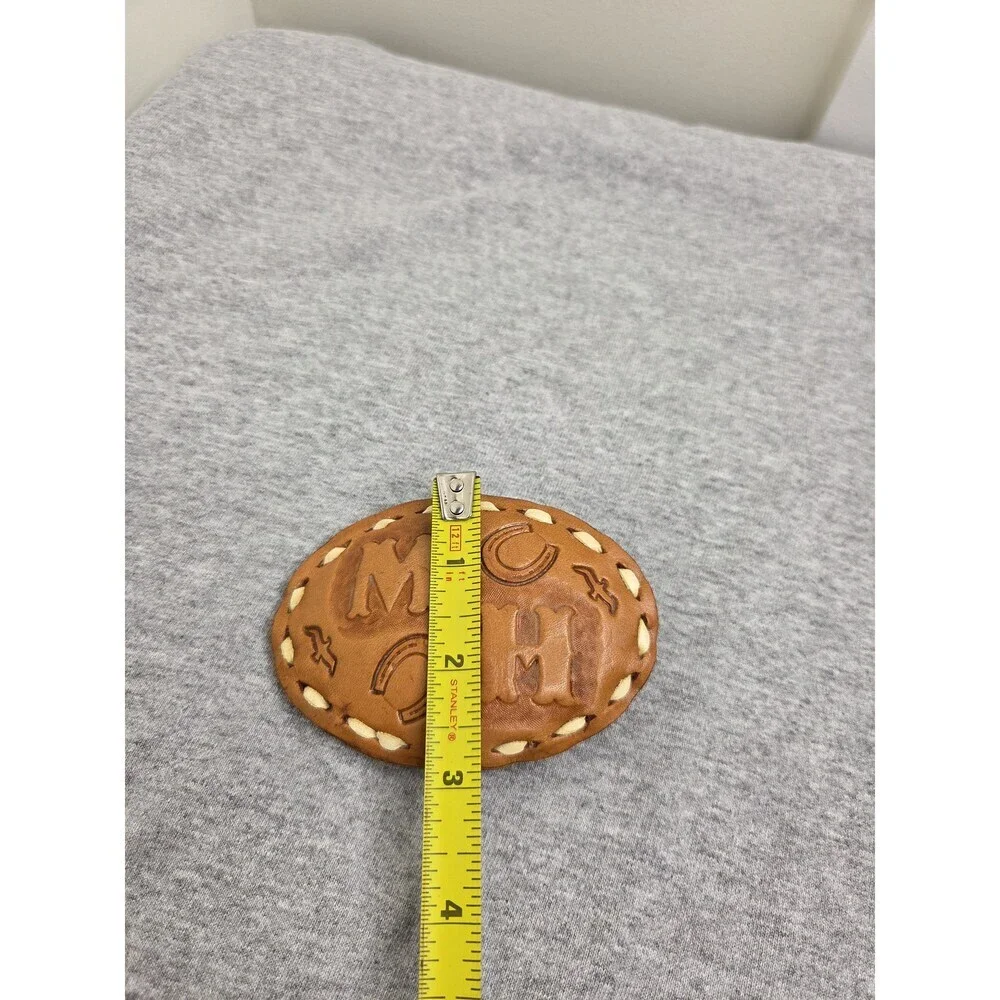 Handmade Tooled Brown Leather Horseshoe Initials MH Belt Buckle